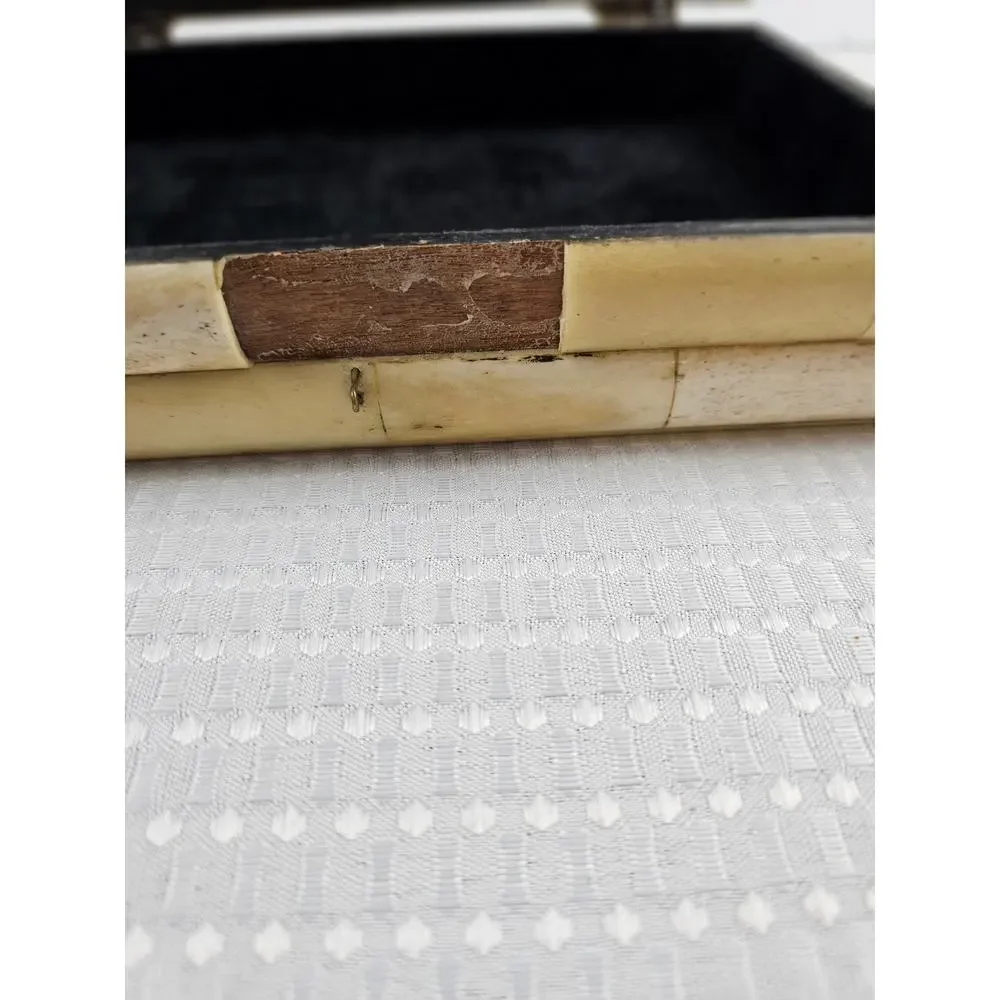 Vintage Carved Bone Hinged‎ Trinket Box - Black Velvet Lined -  Made in India
